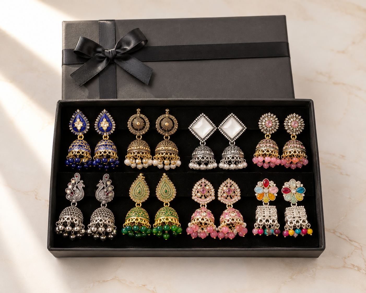 ✨ Jewelza Queen Collection | 8 Pair Premium Jhumka Box | Designer Earrings Set