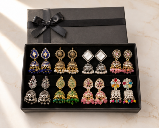 ✨ Jewelza Queen Collection | 8 Pair Premium Jhumka Box | Designer Earrings Set